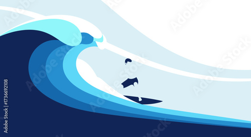 Illustration of a surfer riding a wave in vibrant shades of blue with white accents