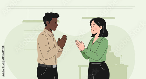 Illustration of two business people greeting each other in an office setting illustration