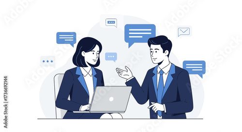 Illustration of two business people discussing project with laptop and thought bubbles