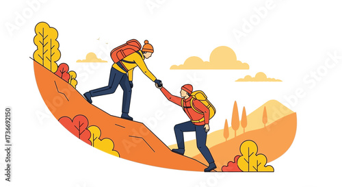 Illustration of two hikers helping each other on a mountain climb for teamwork