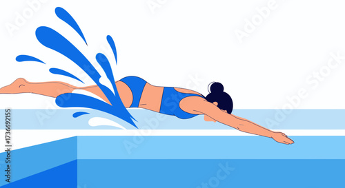 Illustration of a Swimmer Diving into a Pool of Water with Stylized Blue Splash