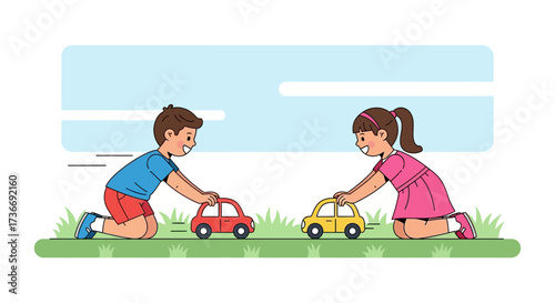 Illustration of two kids playing with toy cars enjoying playtime in a park outdoors