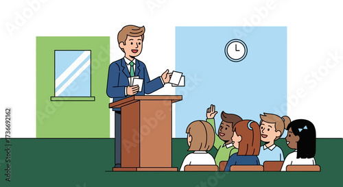 Illustration of a teacher giving a lecture to students in a classroom setting