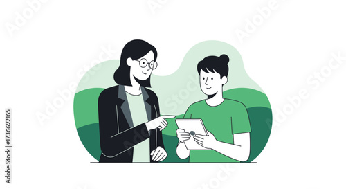 Illustration of a teacher and her student using a tablet computer together to learn
