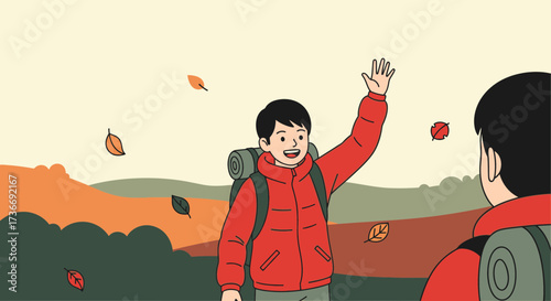 Illustration of two hikers in a beautiful autumn landscape waving hello cheerfully