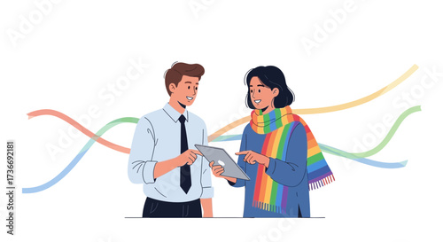 Illustration of two people interacting over a tablet in a business or teamwork setting