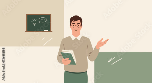 Illustration of a teacher in a classroom with a blackboard presenting an idea concept