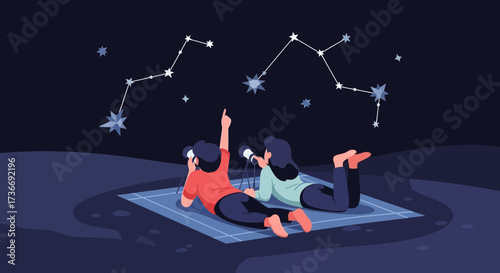 Illustration of two people stargazing under a night sky filled with constellations