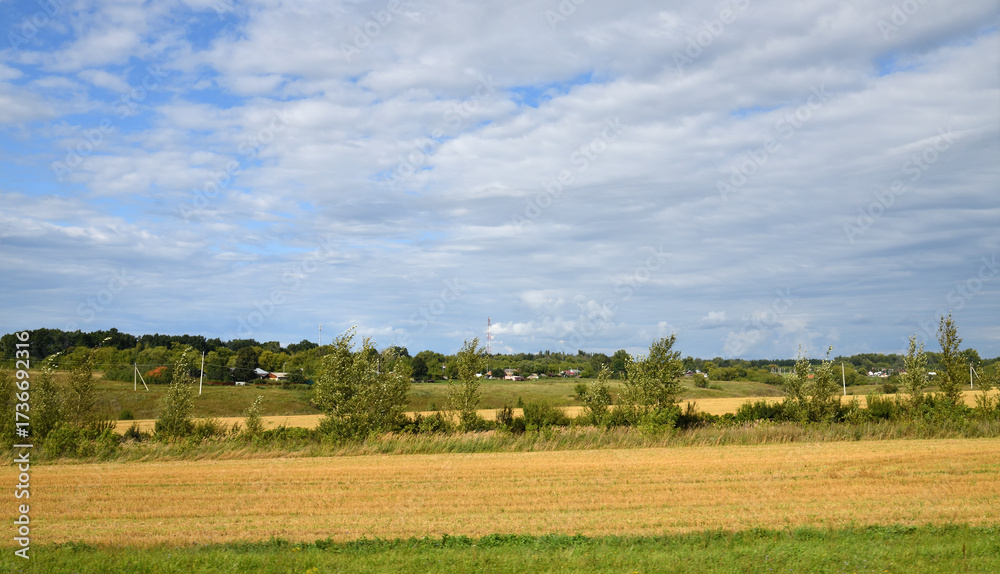 Fototapeta premium Rural outback in August - a village surrounded by fields, Russia, Central Black Earth Region