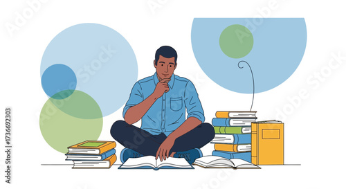 Illustration of a thoughtful man surrounded by books in a serene study environment
