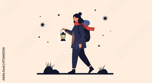 Illustration of a traveler with a lantern and backpack exploring