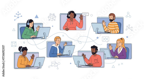 Illustration of a video conference call featuring diverse remote workers interacting online