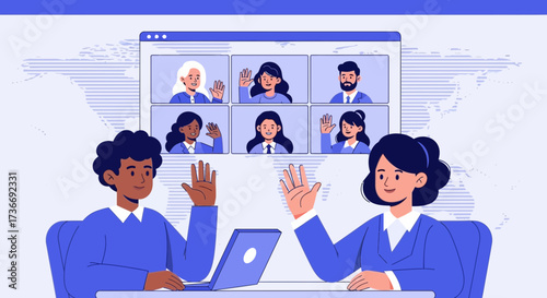 Illustration of a video conference call with people waving hello and meeting online