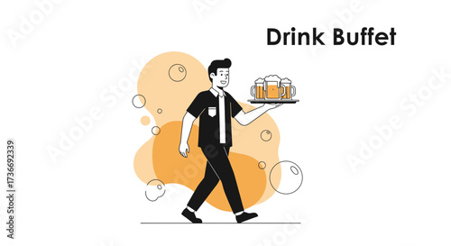 Illustration of a Waiter Holding Beer Glasses, Ideal for Drink Buffet Concepts