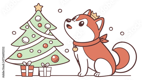 Whimsical Shiba inu feeling Surprised in a Christmas setting with with a tiny crown – colored in Festive Cheer