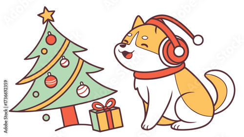 Playful Shiba inu with wearing headphones, set in a charming Christmas theme – Festive Cheer color vector art