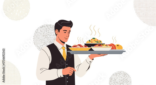 Illustration of a waiter serving food on a tray in a restaurant setting