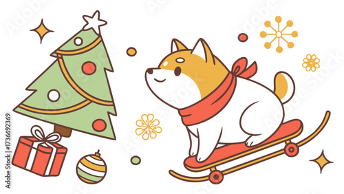 Vector illustration of a Relaxed Shiba inu with riding a skateboard, styled in a Christmas theme using Festive Cheer colors
