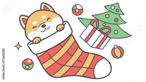 An adorable Shiba inu with a Peaceful vibe, snuggled in a sock, and a Festive Cheer Christmas theme – SVG style