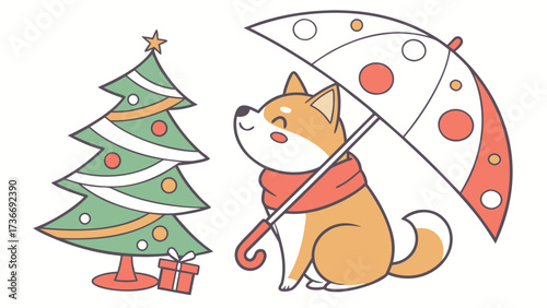 Creative SVG: Dreamy Shiba inu with under an umbrella in a Festive Cheer colored Christmas theme