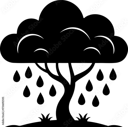 Creative nature concept of a stylized tree with a rain cloud canopy and falling raindrops