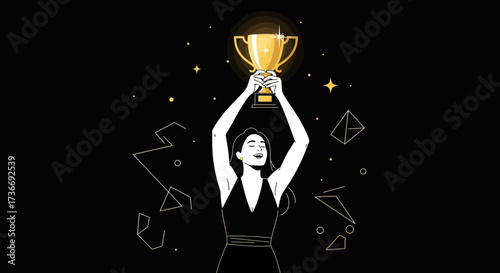 Illustration of a Winner Holding a Trophy Celebrating Success Against a Black Background