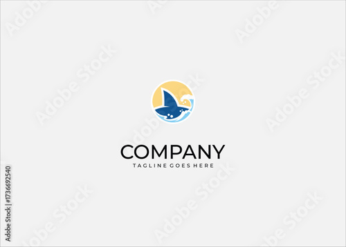 Shark fin logo design; ocean wave illustration; sea animal silhouette; marine danger symbol; beach warning icon; abstract water splash branding element.