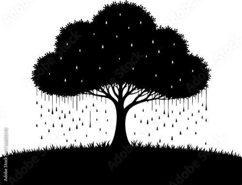 Silhouette Tree with Rain A Vector Illustration of Nature's Beauty and Serenity