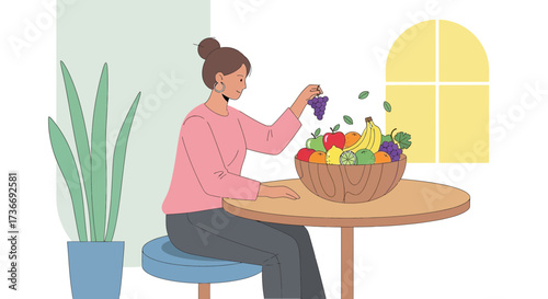 Illustration of a woman arranging fruits in a bowl on a table with a plant