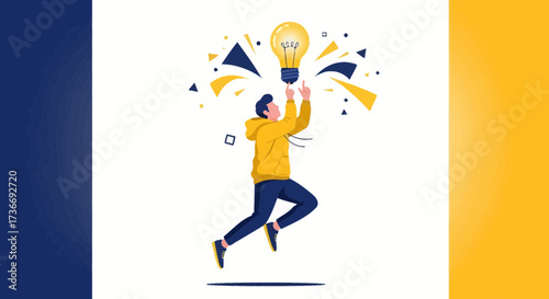 Illustrative Depiction Of A Man Reaching For Brilliant Idea With Yellow And Blue Accents