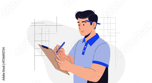 Illustrative Depiction of a Man with a Pen Recording Data on a Clipboard in His Hand