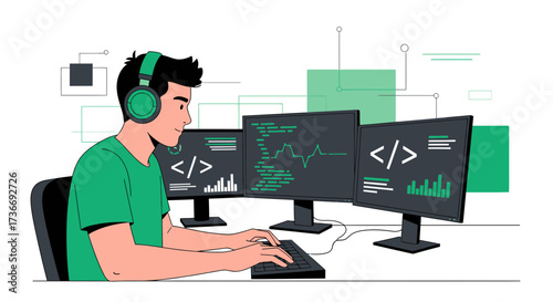 Illustrative depiction of a software developer working on a computer with multiple screens