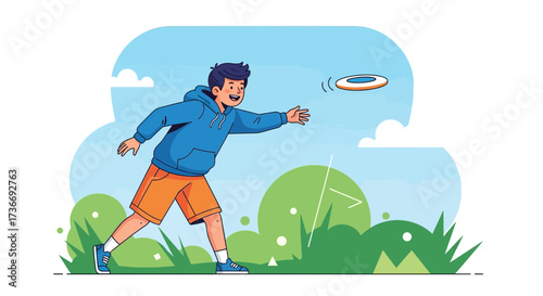 Illustrative Depiction Of A Young Boy Playing Frisbee Outdoors On A Sunny Day