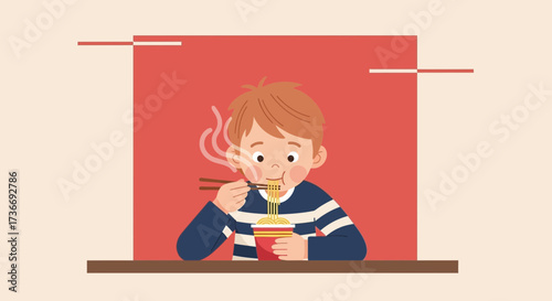 Illustrative Depiction Of A Young Person Enjoying Delicious Noodles In A Cup Setting