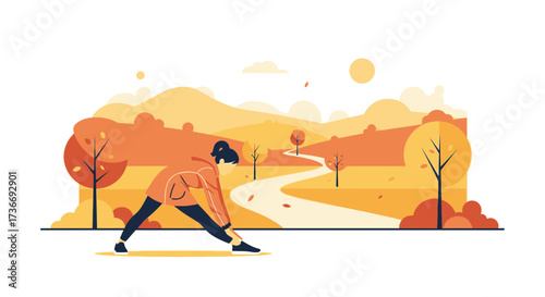 Illustration of a woman doing stretching exercise outdoors in a beautiful autumn landscape