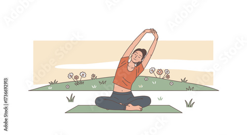 Illustration of a woman doing yoga outdoors in nature, stretching and practicing yoga