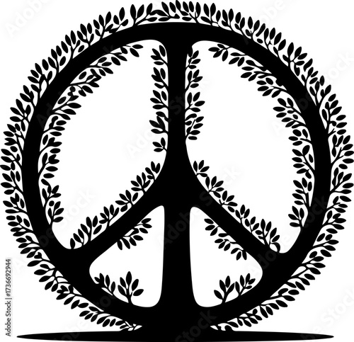 Peace symbol graphic with tree branches and leaves, representing harmony and environmental care