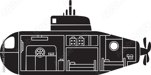 Detailed Cutaway Submarine Silhouettes Cross-Sectional Undersea Vehicle Vector Icon