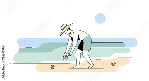 Illustrative drawing of a person on a beach collecting seashells during the summer