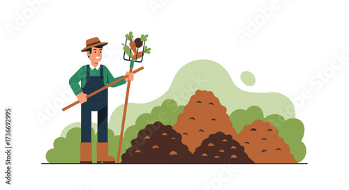 Illustrative Farmer Smiling Holding Harvested Crops Representing Organic Freshness and Cultivation