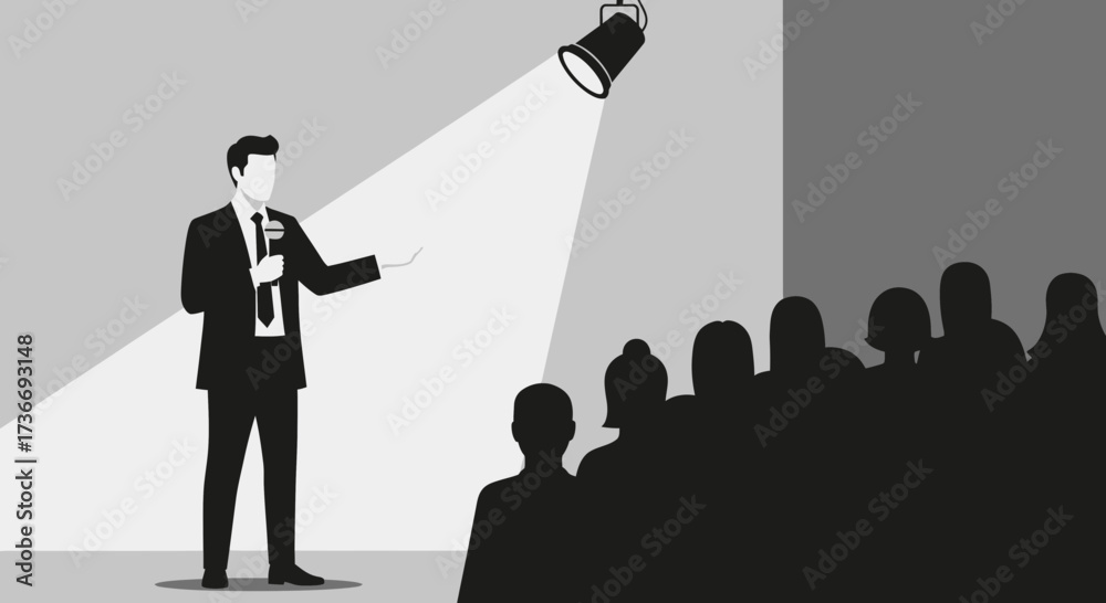 Obraz premium Illustrative image of a speaker addressing an audience with lights focused on him