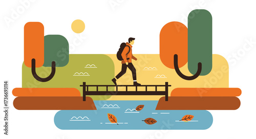 Illustrative image of a person walking on a bridge during the autumn season