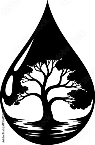 Black and white illustration of a tree growing inside a water drop, symbolizing nature and life