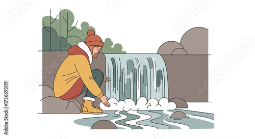 Illustration of a woman enjoying nature at a waterfall in a scenic environment