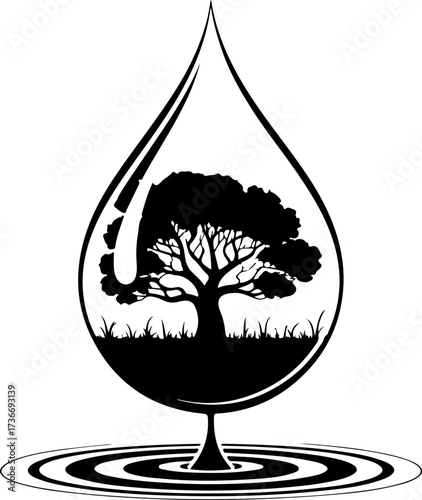 Water Drop Silhouette with Tree and Grass Design Environmental Protection Concept