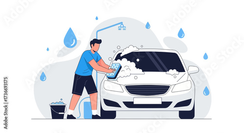 Illustrative Image of Car Washing Process With Man Cleaning a Modern Vehicle