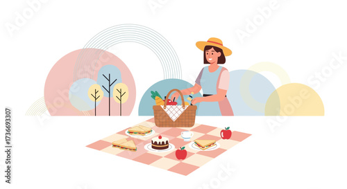 Illustration of a woman having a picnic with food and a basket on a sunny day