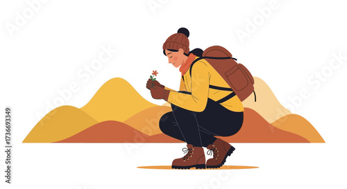 Illustration of a woman hiking and smelling a flower with a mountain range in the background
