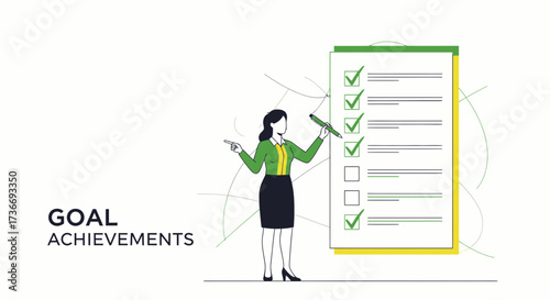 Illustrative Representation of Business Progress with Checklist and Female Figure
