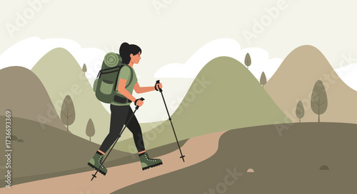 Illustration of a woman hiking in the mountains and enjoying nature in the outdoors